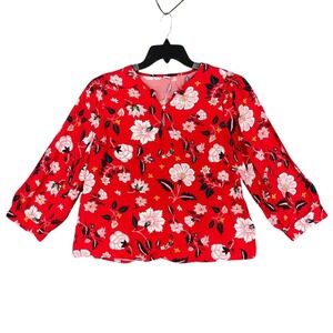 Old‎ Navy Blouse Women's Large Red Floral Open Front Henley Long Sleeves Shirt
